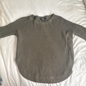 Express Olive Waffle-Knit Pullover Sweater Crew Neck 3/4 Sleeve Size S